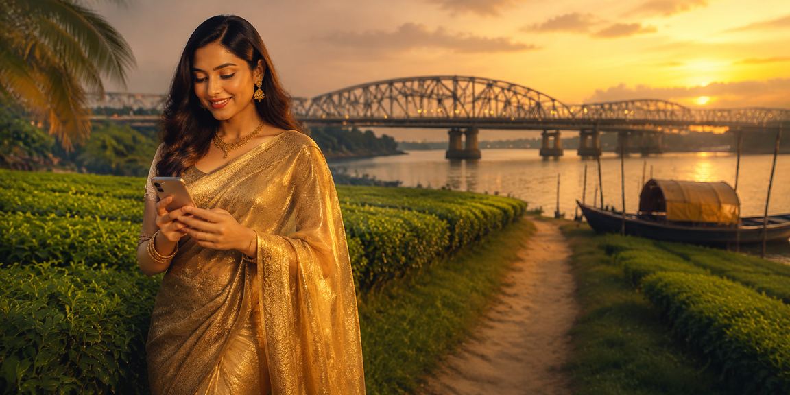 সুন্দরবন এলাকায় শাড়ি পরা নারী দায়িত্বশীলভাবে মোবাইল পেমেন্ট করছেন